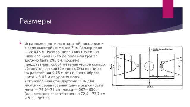 Размеры Игра может идти на открытой площадке и в зале высотой не менее 7 м. Размер поля — 28×15 м. Размер щита 180х105 см. От нижнего края щита до пола или грунта должно быть 290 см. Корзина представляет собой металлическое кольцо, обтянутое сеткой (без дна). Она крепится на расстоянии 0,15 м от нижнего обреза щита и 3,05 м от уровня пола. Установленная стандартами FIBA для мужских соревнований длина окружности мяча — 74,9—78 см, масса — 567—650 г, (для женских соответственно 72,4—73,7 см и 510—567 г). 