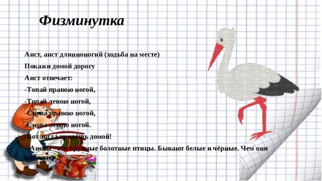     Физминутка   Аист, аист длинноногий (ходьба на месте) Покажи домой дорогу Аист отвечает: -Топай правою ногой, -Топай левою ногой, -Снова правою ногой, -Снова левою ногой. -Вот тогда придёшь домой!  – Аисты - это крупные болотные птицы. Бывают белые и чёрные. Чем они питаются? 