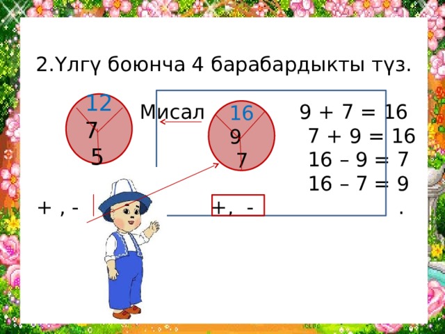 2.Үлгү боюнча 4 барабардыкты түз.   Мисал 9 + 7 = 16  7 + 9 = 16  16 – 9 = 7  16 – 7 = 9  + , - +, - .     12 7 5  16 9 7 