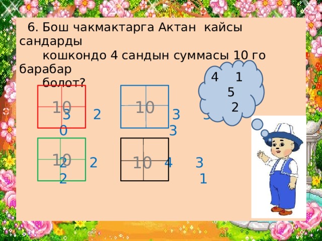  6. Бош чакмактарга Актан кайсы сандарды  кошкондо 4 сандын суммасы 10 го барабар  болот?    3 2 3 3   0 3     2 2 4 3   2 1      1  5 2 10 10 10 10 