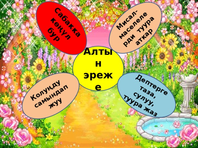 Мисал-маселелерди туура аткар Колуңду самындап жуу Сабакка көңүл бур Дептерге таза, сулуу, туура жаз Алтын эреже 