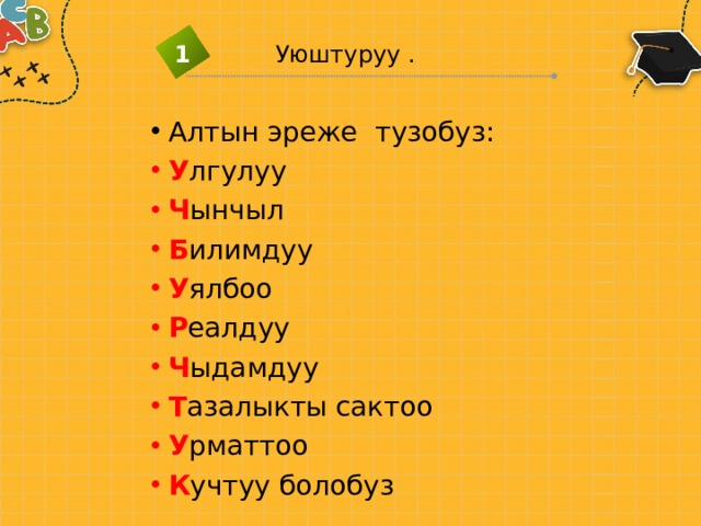 Уюштуруу . 1 Алтын эреже тузобуз: У лгулуу Ч ынчыл Б илимдуу У ялбоо Р еалдуу Ч ыдамдуу Т азалыкты сактоо У рматтоо К учтуу болобуз 