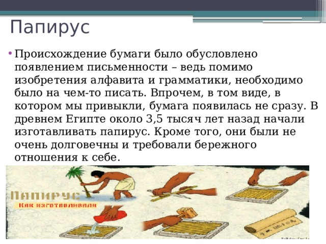 Папирус Происхождение бумаги было обусловлено появлением письменности – ведь помимо изобретения алфавита и грамматики, необходимо было на чем-то писать. Впрочем, в том виде, в котором мы привыкли, бумага появилась не сразу. В древнем Египте около 3,5 тысяч лет назад начали изготавливать папирус. Кроме того, они были не очень долговечны и требовали бережного отношения к себе. 