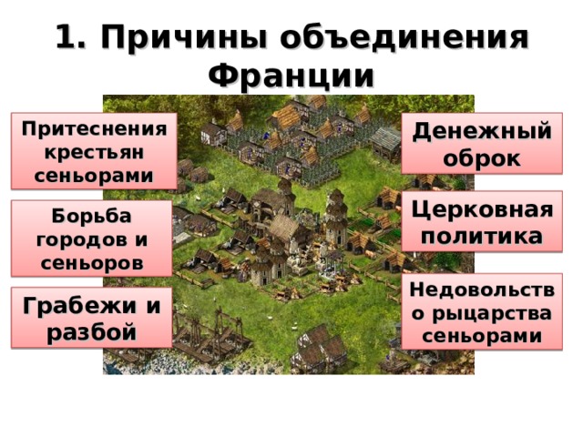 1. Причины объединения Франции Денежный оброк Притеснения крестьян сеньорами Церковная политика Борьба городов и сеньоров Недовольство рыцарства сеньорами Грабежи и разбой 