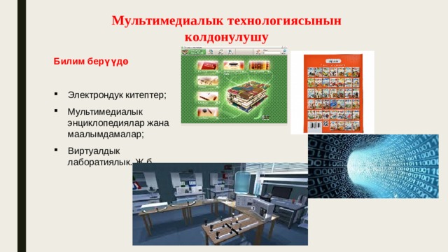 Мультимедиалык технологиясынын колдонулушу Билим берүүдө  Электрондук китептер; Мультимедиалык энциклопедиялар жана маалымдамалар; Виртуалдык лаборатиялык. Ж.б 