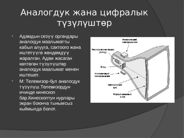 Аналогдук жана цифралык түзүлүштөр Адамдын сезүү органдары аналогдук маалыматты кабыл алууга, сактоого жана иштетүүгө жөндөмдүү жаралган. Адам жасаган көптөгөн түзүлүштөр аналогдук маалымат менен иштешет. М: Телевизор-бул аналогдук түзүлүш.Телевизордун ичинде кинескоп бар.Кинескоптун нурлары экран боюнча тынымсыз кыймылда болот. 