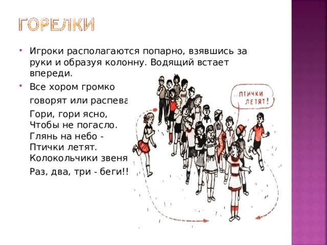 Игроки располагаются попарно, взявшись за руки и образуя колонну. Водящий встает впереди. Все хором громко  говорят или распевают:  Гори, гори ясно,  Чтобы не погасло.  Глянь на небо -  Птички летят.  Колокольчики звенят!  Раз, два, три - беги!!!  
