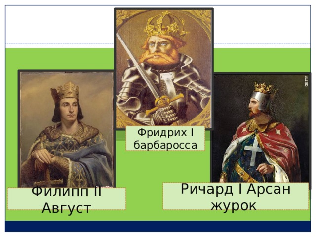 Фридрих I барбаросса Ричард I Арсан журок Филипп II Август 