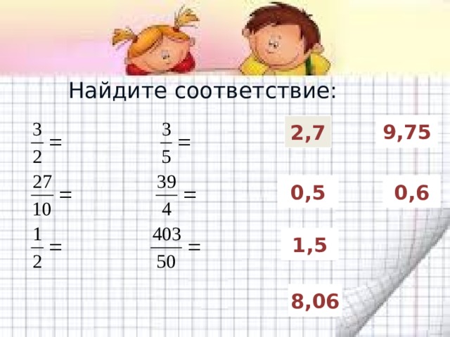 Найдите соответствие: 9,75 2,7 0,5 0,6 1,5 8,06 