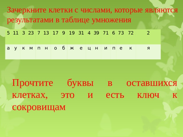 Зачеркните клетки с числами, которые являются результатами в таблице умножения 5 11 а 3 у 23 к м 7 13 п н 17 9 о б 19 31 ж е 4 39 ц н 71 6 и 73 п 72 е 2 к я Прочтите буквы в оставшихся клетках, это и есть ключ к сокровищам  