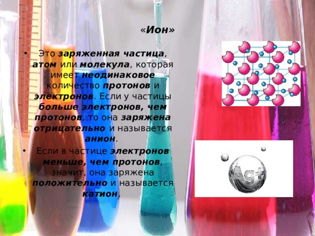  « Ион»   Это заряженная частица , атом или молекула , которая имеет неодинаковое количество протонов и электронов . Если у частицы больше электронов, чем протонов , то она заряжена отрицательно и называется анион . Если в частице электронов меньше, чем протонов , значит, она заряжена положительно и называется катион . 