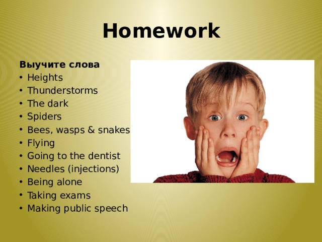Homework Выучите слова Heights Thunderstorms The dark Spiders Bees, wasps & snakes Flying Going to the dentist Needles (injections) Being alone Taking exams Making public speech 