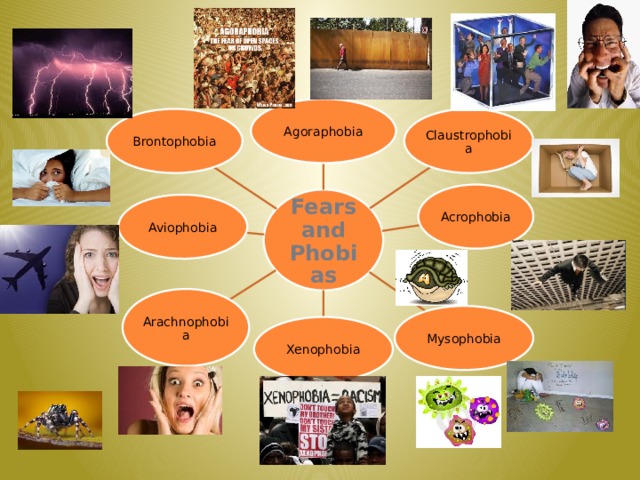 Agoraphobia Claustrophobia Brontophobia Acrophobia Fears and Phobias Aviophobia Arachnophobia Mysophobia Xenophobia 7 
