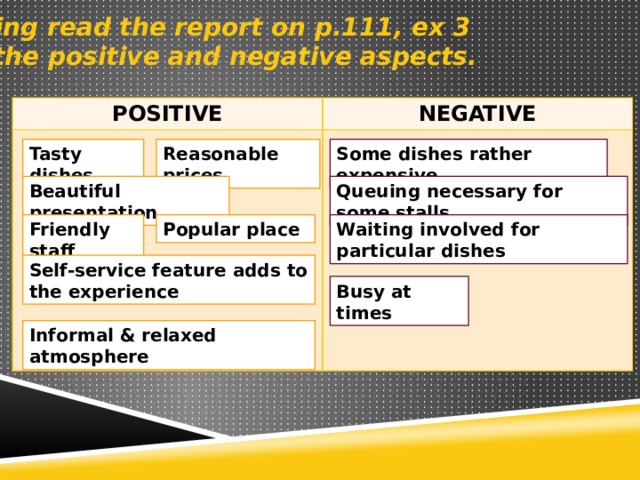 Having read the report on p.111, ex 3 list the positive and negative aspects. POSITIVE NEGATIVE           Tasty dishes Reasonable prices Some dishes rather expensive Beautiful presentation Queuing necessary for some stalls Waiting involved for particular dishes Friendly staff Popular place Self-service feature adds to the experience Busy at times Informal & relaxed atmosphere 