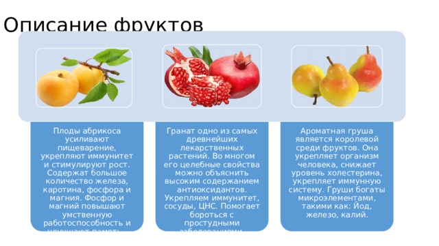 Описание фруктов Плоды абрикоса усиливают пищеварение, укрепляют иммунитет и стимулируют рост. Содержат большое количество железа, каротина, фосфора и магния. Фосфор и магний повышают умственную работоспособность и улучшают память. Гранат одно из самых древнейших лекарственных растений. Во многом его целебные свойства можно объяснить высоким содержанием антиоксидантов. Укрепляем иммунитет, сосуды, ЦНС. Помогает бороться с простудными заболеваниями Ароматная груша является королевой среди фруктов. Она укрепляет организм человека, снижает уровень холестерина, укрепляет иммунную систему. Груши богаты микроэлементами, такими как: Йод, железо, калий. 