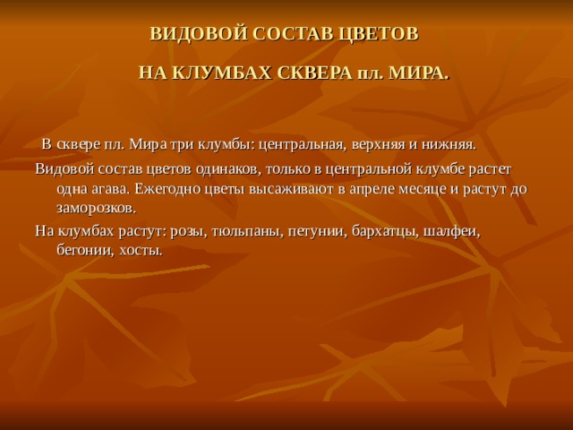 ВИДОВОЙ СОСТАВ ЦВЕТОВ  НА КЛУМБАХ СКВЕРА пл. МИРА.   В сквере пл. Мира три клумбы: центральная, верхняя и нижняя. Видовой состав цветов одинаков, только в центральной клумбе растет одна агава. Ежегодно цветы высаживают в апреле месяце и растут до заморозков. На клумбах растут: розы, тюльпаны, петунии, бархатцы, шалфеи, бегонии, хосты. 