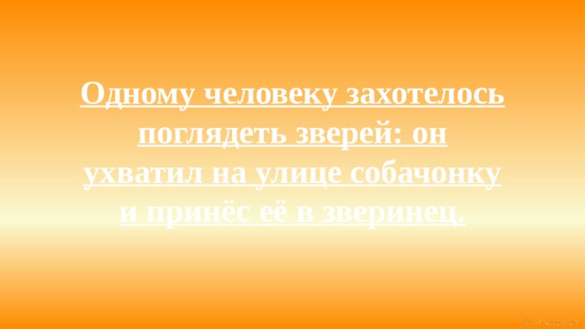 Одному человеку захотелось поглядеть зверей: он ухватил на улице собачонку и принёс её в зверинец. 