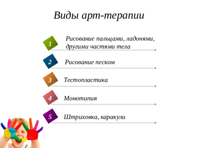 Виды арт-терапии Рисование пальцами, ладонями, другими частями тела 1 Рисование песком 2 Тестопластика 3 4 Монотипия Штриховка, каракули 5 