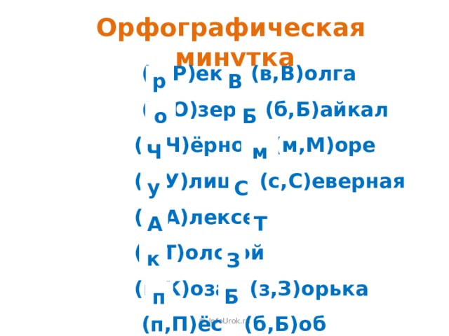 Орфографическая минутка  (р,Р)ека (в,В)олга  (о,О)зеро (б,Б)айкал (ч,Ч)ёрное (м,М)оре (у,У)лица (с,С)еверная (а,А)лексей (т,Т)олстой (к,К)оза (з,З)орька  (п,П)ёс (б,Б)об р В Б о Ч м у С А Т к З Б п © InfoUrok.ru 