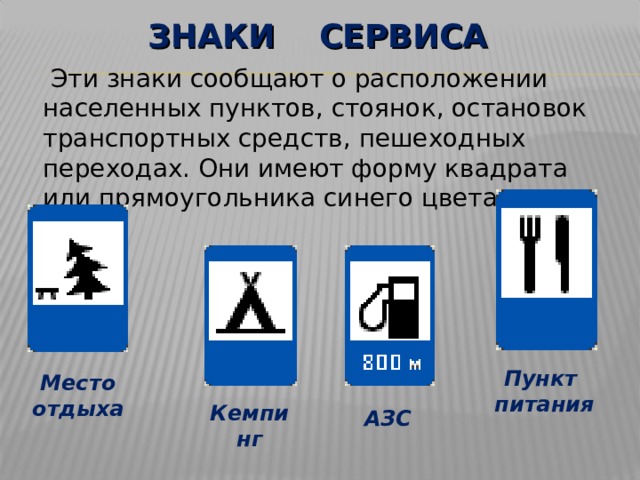 ЗНАКИ СЕРВИСА  Эти знаки сообщают о расположении населенных пунктов, стоянок, остановок транспортных средств, пешеходных переходах. Они имеют форму квадрата или прямоугольника синего цвета. Пункт питания Место отдыха Кемпинг АЗС 