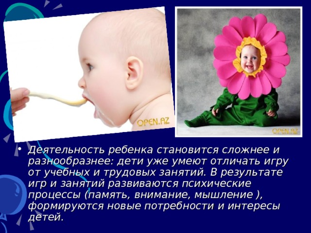 Деятельность ребенка становится сложнее и разнообразнее: дети уже умеют отличать игру от учебных и трудовых занятий. В результате игр и занятий развиваются психические процессы (память, внимание, мышление ), формируются новые потребности и интересы детей.  
