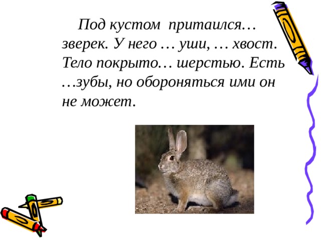   Под кустом притаился… зверек. У него … уши, … хвост. Тело покрыто… шерстью. Есть …зубы, но обороняться ими он не может. 