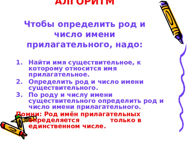 АЛГОРИТМ   Чтобы  определить род и число имени прилагательного, надо: Найти имя существительное, к которому относится имя прилагательное. Определить род и число имени существительного. По роду и числу имени существительного определить род и число имени прилагательного. Помни: Род имён прилагательных определяется  только в единственном числе.  