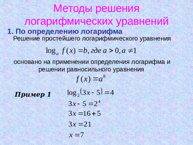 Методы решения логарифмических уравнений 1. По определению логарифма Решение простейшего логарифмического уравнения     основано на применении определения логарифма и решении равносильного уравнения  Пример 1 