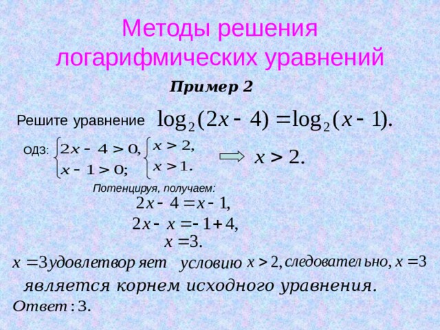 Методы решения логарифмических уравнений Пример 2 Решите  уравнение  ОДЗ: Потенцируя, получаем: является корнем исходного уравнения. 