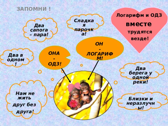 ЗАПОМНИ ! Логарифм и ОДЗ вместе трудятся везде! Сладкая парочка! Два сапога – пара! ОН - ЛОГАРИФМ! ОНА - ОДЗ! Два в одном! Два берега у одной реки!  Нам не жить друг без друга! Близки и неразлучны! 