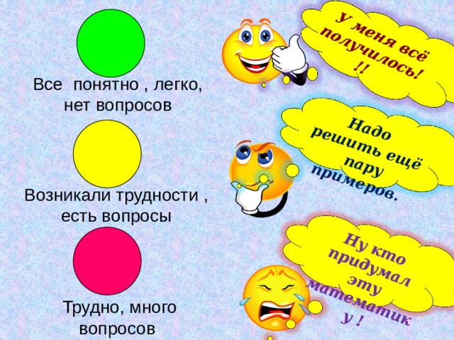 Ну кто придумал эту математику ! У меня всё получилось!!!  Надо решить ещё пару примеров. Все понятно , легко,  нет вопросов Возникали трудности , есть вопросы Трудно, много вопросов 
