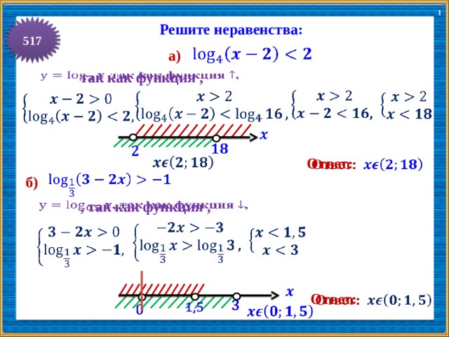 1 517 Решите неравенства:    а)   так как функция ,                   Ответ:    б) , так как функция ,           Ответ:            