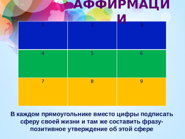 АФФИРМАЦИИ 1 2 4 3 5 7 6 8 9 В каждом прямоугольнике вместо цифры подписать сферу своей жизни и там же составить фразу-позитивное утверждение об этой сфере 