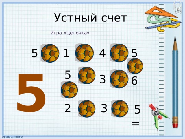Устный счет Игра «Цепочка» 4 5 1 5 + +  -  - 5 5 + 3 + 6  - 2 3  - 5 = + 
