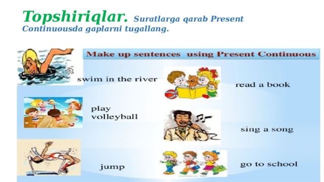 Topshiriqlar. Suratlarga qarab Present Continuousda gaplarni tugallang. 