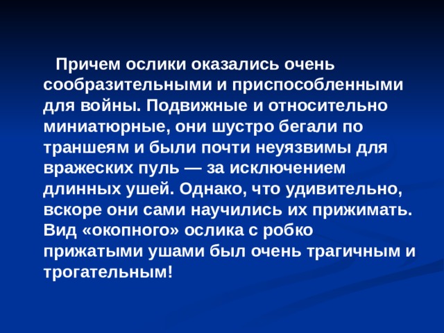  Причем ослики оказались очень сообразительными и приспособленными для войны. Подвижные и относительно миниатюрные, они шустро бегали по траншеям и были почти неуязвимы для вражеских пуль — за исключением длинных ушей. Однако, что удивительно, вскоре они сами научились их прижимать. Вид «окопного» ослика с робко прижатыми ушами был очень трагичным и трогательным!  