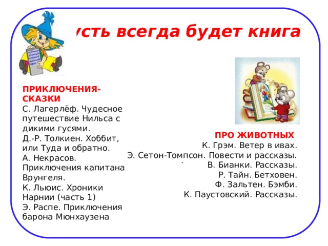 ПРО ЖИВОТНЫХ К. Грэм. Ветер в ивах.  Э. Сетон-Томпсон. Повести и рассказы.  В. Бианки. Рассказы.  Р. Тайн. Бетховен.  Ф. Зальтен. Бэмби.  К. Паустовский. Рассказы.    .    Пусть всегда будет книга ПРИКЛЮЧЕНИЯ-СКАЗКИ С. Лагерлёф. Чудесное путешествие Нильса с дикими гусями.  Д.-Р. Толкиен. Хоббит, или Туда и обратно.  А. Некрасов. Приключения капитана Врунгеля.  К. Льюис. Хроники Нарнии (часть 1)  Э. Распе. Приключения барона Мюнхаузена 