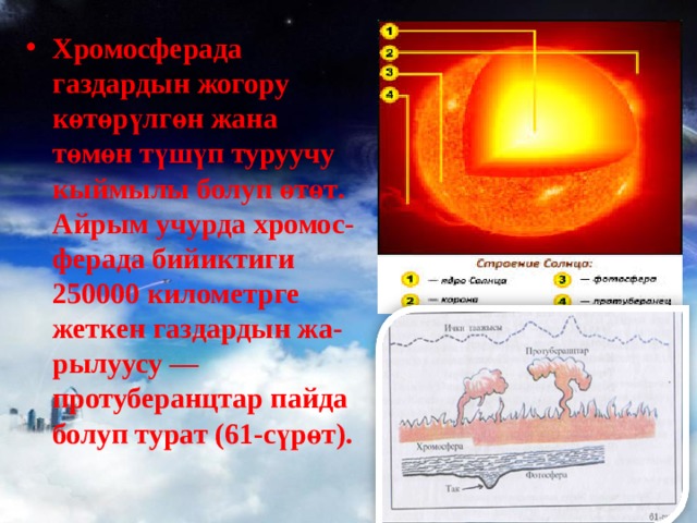 Хромосферада газдардын жогору көтөрүлгөн жана төмөн түшүп туруучу кыймылы болуп өтөт . Айрым учурда хромос - ферада бийиктиги 250000 километрге жеткен газдардын жа - рылуусу — протуберанцтар пайда болуп турат (61- сүрөт ).  