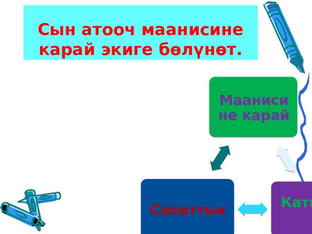Сын атооч маанисине карай экиге бөлүнөт. Маанисине карай Сапаттык  Катыштык 