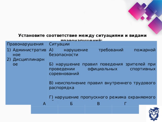  Установите соответствие между ситуациями и видами правонарушений: Правонарушения Ситуации Административное Дисциплинарное А) нарушение требований пожарной безопасности Б) нарушение правил поведения зрителей при проведении официальных спортивных соревнований В) неисполнение правил внутреннего трудового распорядка Г) нарушение пропускного режима охраняемого объекта А Б В Г 