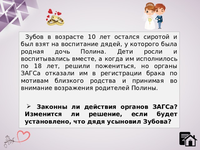 Зубов в возрасте 10 лет остался сиротой и был взят на воспитание дядей, у которого была родная дочь Полина. Дети росли и воспитывались вместе, а когда им исполнилось по 18 лет, решили пожениться, но органы ЗАГСа отказали им в регистрации брака по мотивам близкого родства и принимая во внимание возражения родителей Полины.  Законны ли действия органов ЗАГСа? Изменится ли решение, если будет установлено, что дядя усыновил Зубова? 
