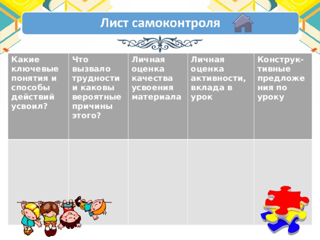 Какие ключевые понятия и способы действий усвоил? Что вызвало трудности и каковы вероятные причины этого? Личная оценка качества усвоения материала Личная оценка активности, вклада в урок Конструк-тивные предложения по уроку 