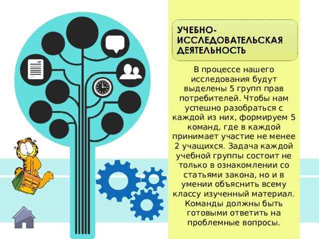В процессе нашего исследования будут выделены 5 групп прав потребителей. Чтобы нам успешно разобраться с каждой из них, формируем 5 команд, где в каждой принимает участие не менее 2 учащихся. Задача каждой учебной группы состоит не только в ознакомлении со статьями закона, но и в умении объяснить всему классу изученный материал. Команды должны быть готовыми ответить на проблемные вопросы. 