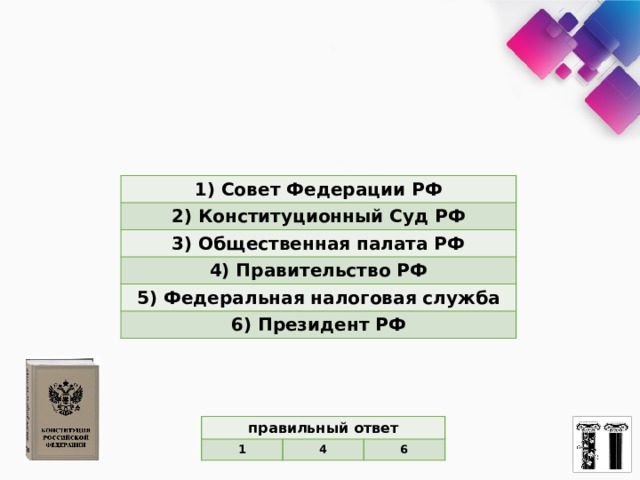 1) Совет Фе­де­ра­ции РФ 2) Кон­сти­ту­ци­он­ный Суд РФ 3) Об­ще­ствен­ная па­ла­та РФ 4) Пра­ви­тель­ство РФ 5) Фе­де­раль­ная на­ло­го­вая служба 6) Пре­зи­дент РФ правильный ответ 1 4 6 