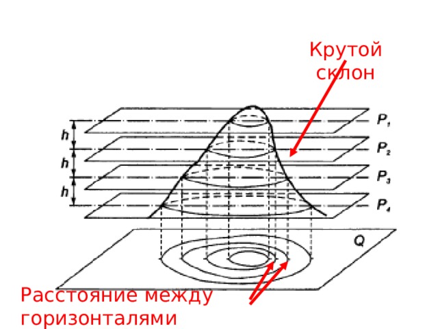 Крутой склон Расстояние между горизонталями небольшое 