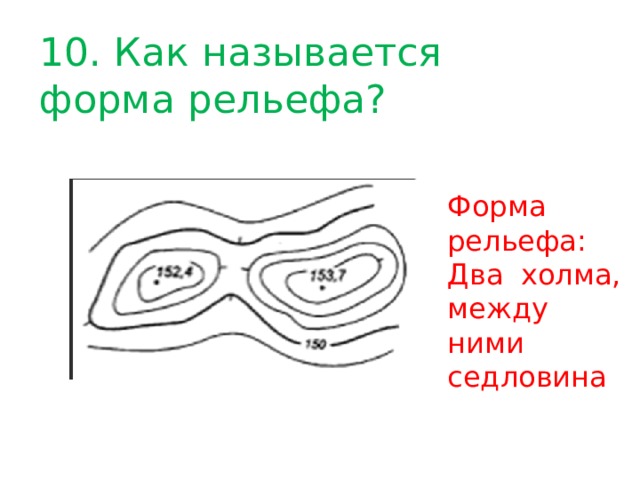 10. Как называется форма рельефа? Форма рельефа: Два холма, между ними седловина 