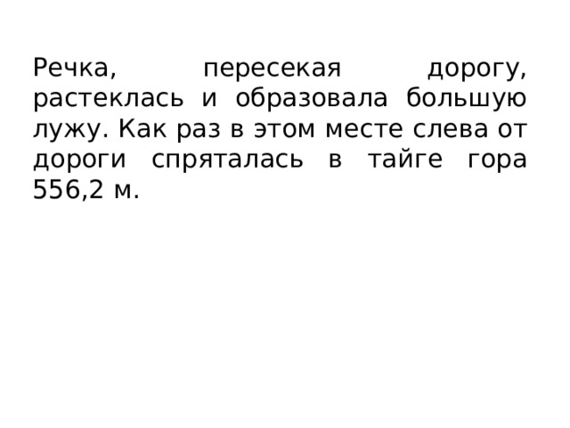 Речка, пересекая дорогу, растеклась и образовала большую лужу. Как раз в этом месте слева от дороги спряталась в тайге гора 556,2 м. 