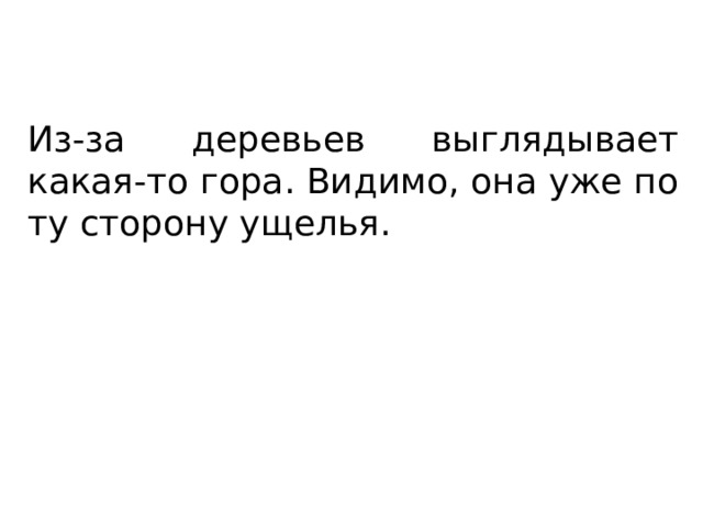 Из-за деревьев выглядывает какая-то гора. Видимо, она уже по ту сторону ущелья. 