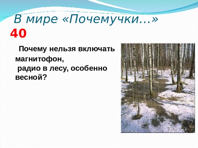  В мире «Почемучки…» 4 0  Почему нельзя включать магнитофон,  радио в лесу, особенно весной?   