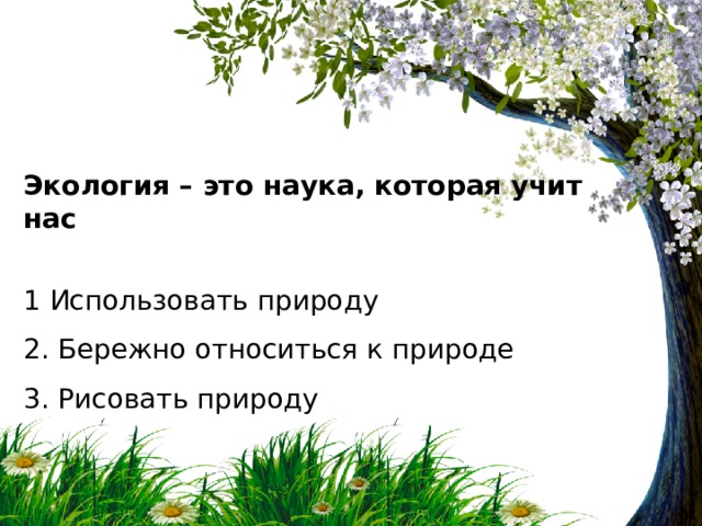 Экология – это наука, которая учит нас  1 Использовать природу 2. Бережно относиться к природе 3. Рисовать природу 